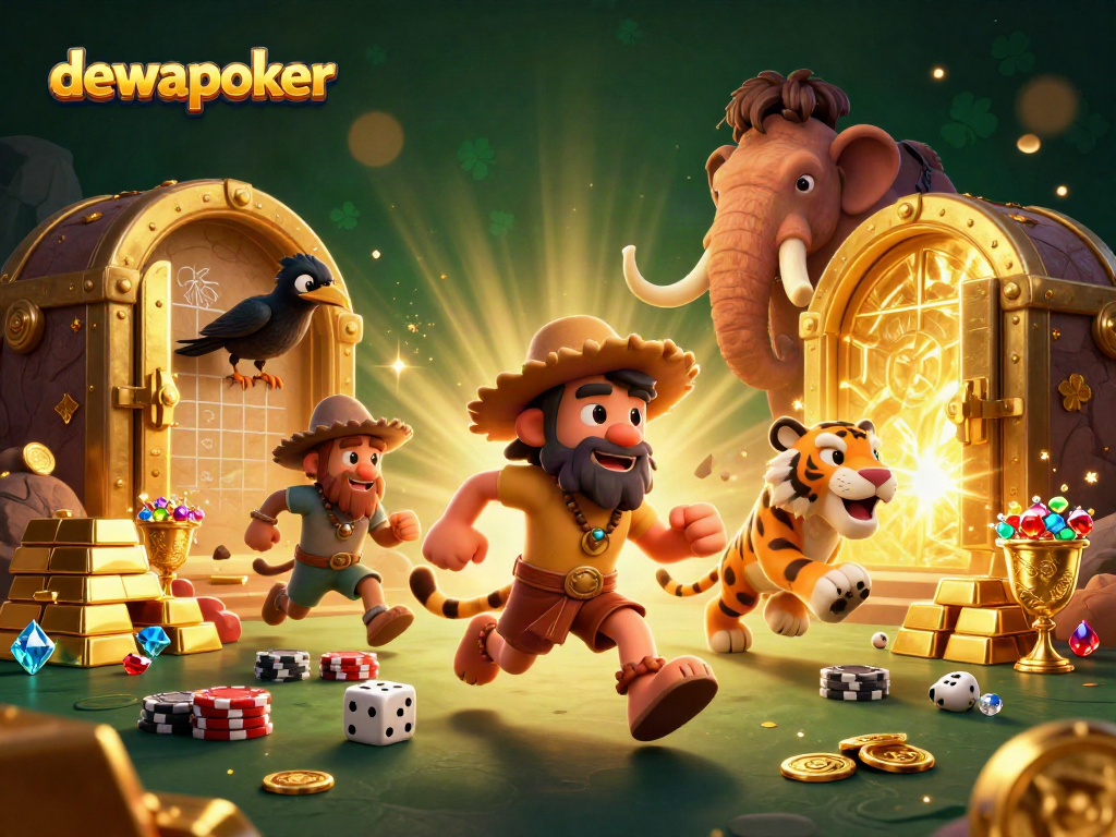 Experience dewapoker excitement with a lively 3D casino scene featuring unique characters and dynamic game elements.