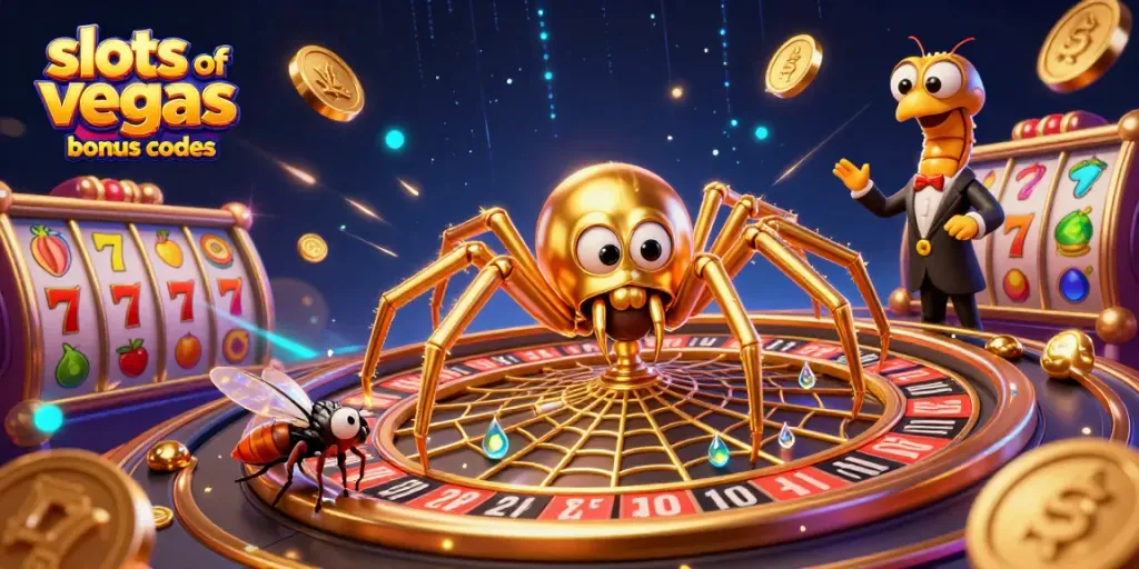 Engage with slots of vegas bonus codes in a vibrant 3D casino scene featuring a golden spider and flying slot reels.