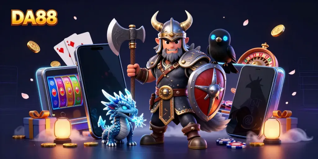 Win big with DA88 as Viking warrior, fierce dragon, and raven enjoy slot games amidst vibrant casino elements.