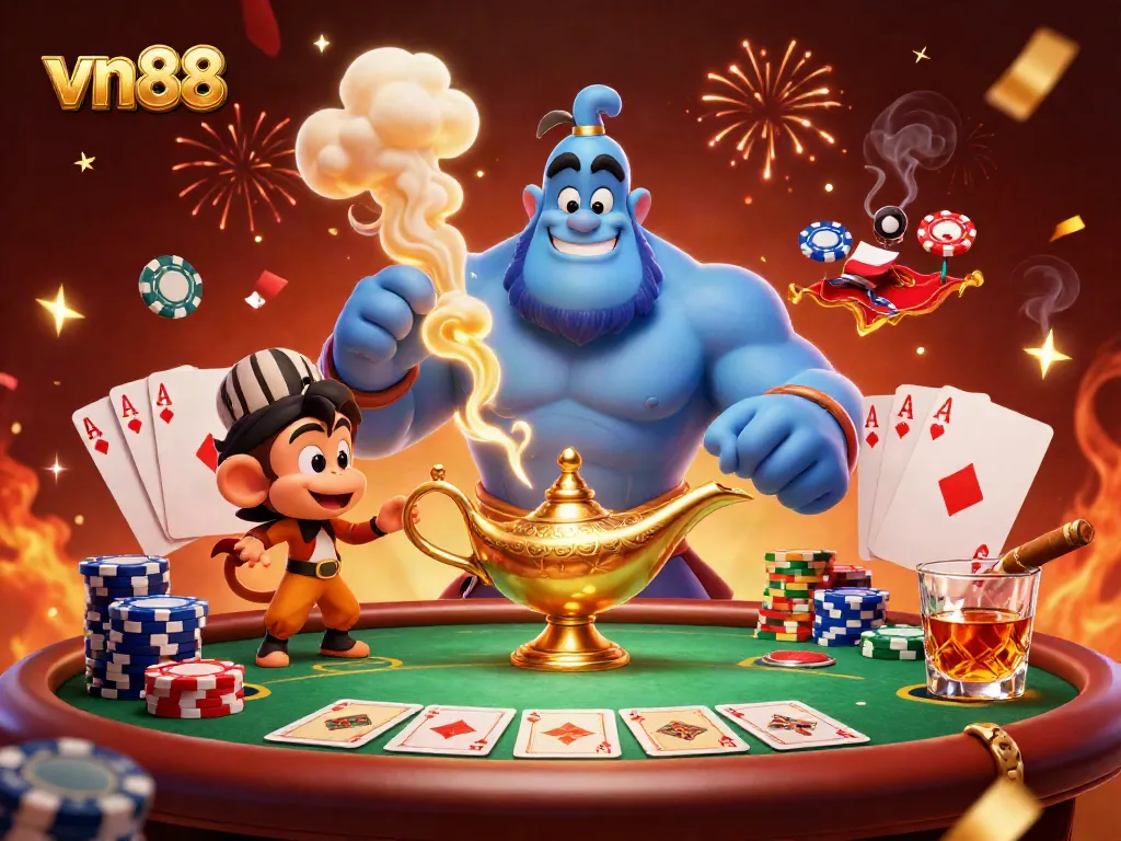 Engage in thrilling poker gameplay with vn88, featuring a playful genie, poker chips, and a festive atmosphere.