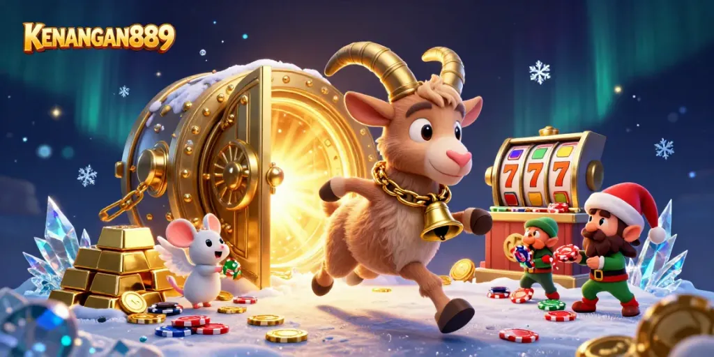 Experience KENANGAN889 excitement with a festive casino scene featuring unique characters and vibrant treasures.