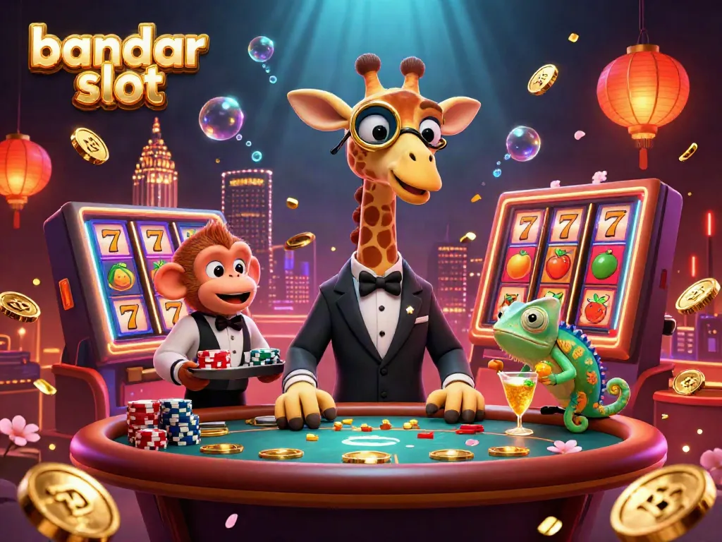Bermain slot gacor dengan bandar slot, ditunjukkan oleh jerapah tinggi menjulang dan valet monyet.