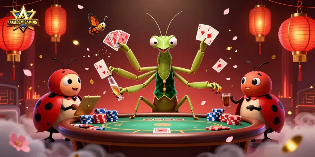 Experience exhilarating gameplay with AKADEMIGAMING's vibrant 3D casino scene featuring a giant mantis card sharp.