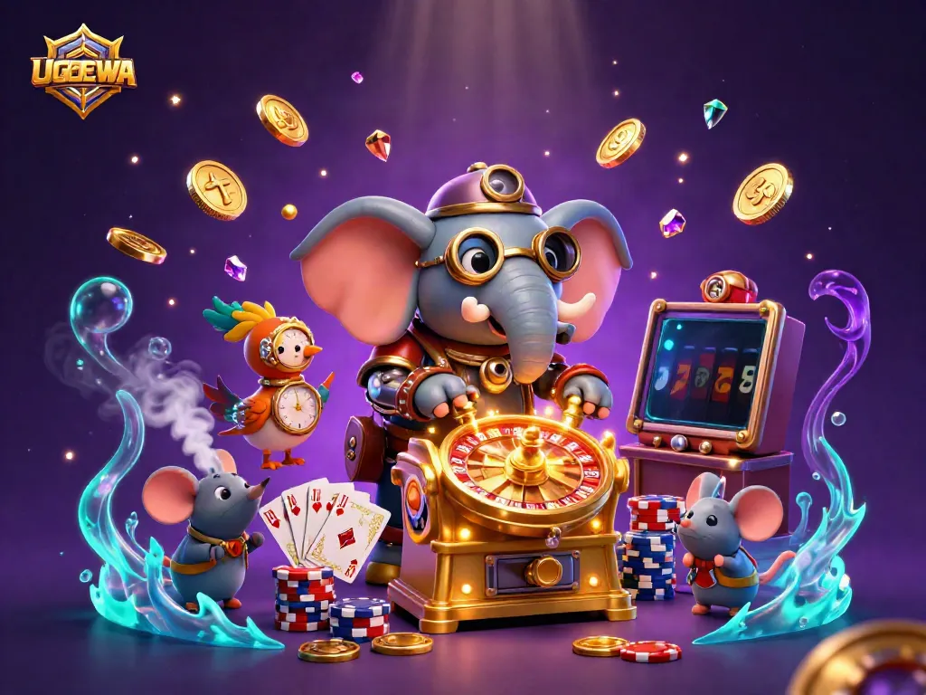 Engaging scene of UGDEWA's steampunk elephant engineer operator spins golden slot machine with rich casino elements.