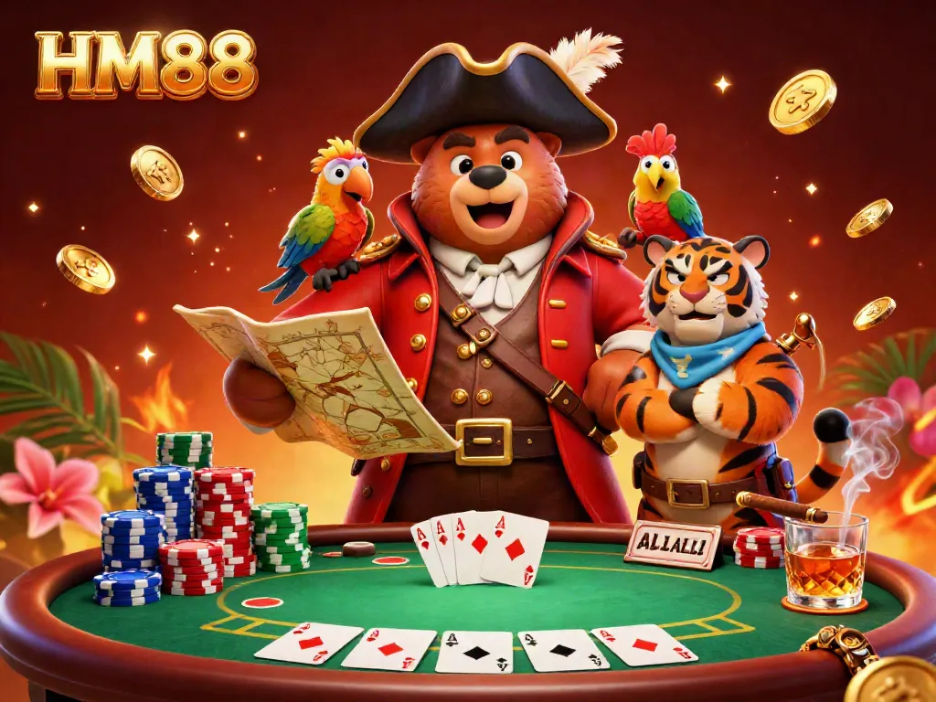 Experience exhilarating poker action with HM88's vibrant casino atmosphere featuring a bear captain and tiger first mate.