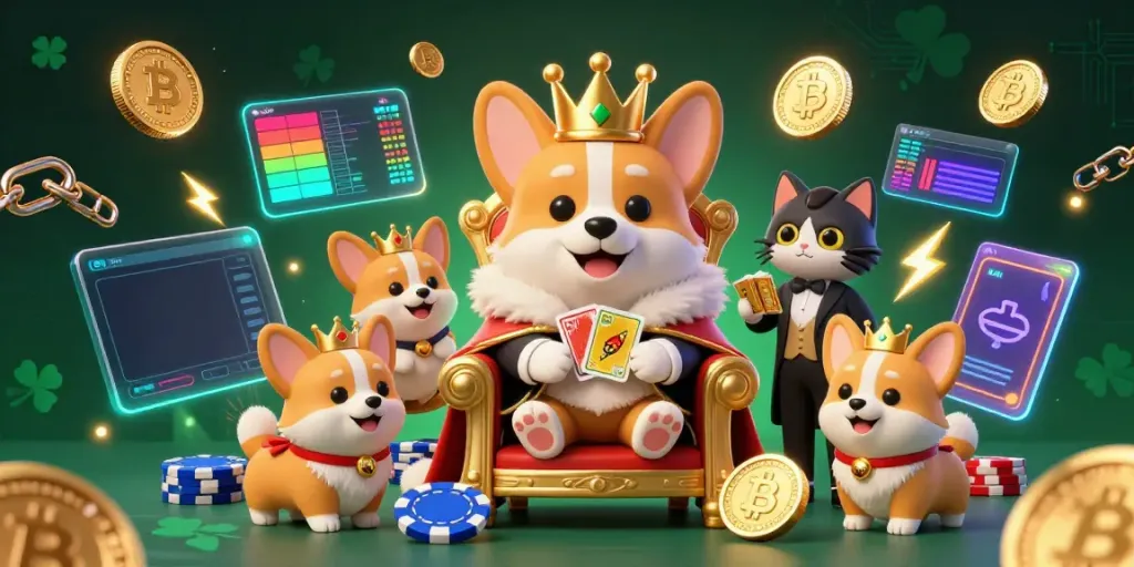 Rantingtoto menghadirkan corgi kerajaan dan pelayan kucing di ilustrasi kasino online dengan koin Bitcoin dan Ethereum yang bersinar.