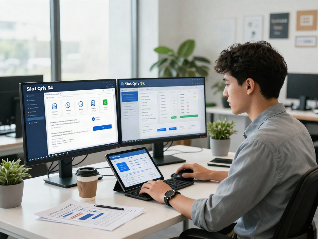 Engaging digital finance workspace showcasing slot qris 5k payment systems in action with professionals analyzing data.