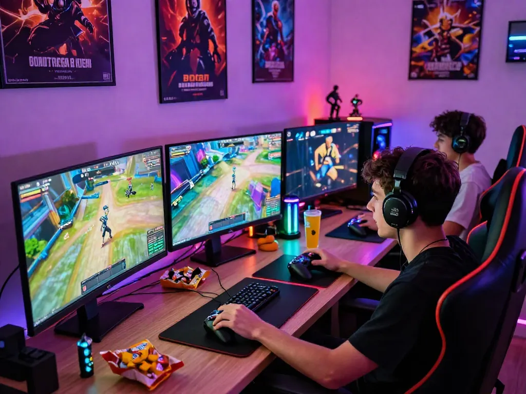 Situasi gaming dinamis dengan badak168, pemain bersemangat dan suasana penuh warna.