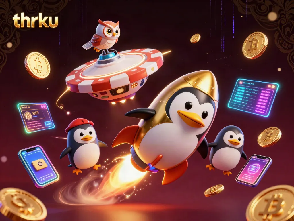 Thrku casino gameplay featuring a golden penguin and dynamic crypto elements, perfect for engaging players.