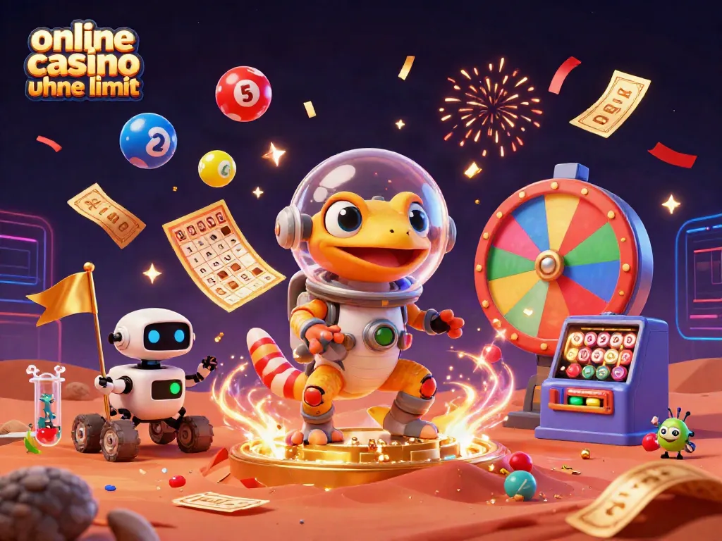 Experience dynamic gaming in an online casino ohne limit with colorful lottery balls, golden tickets, and festive elements.