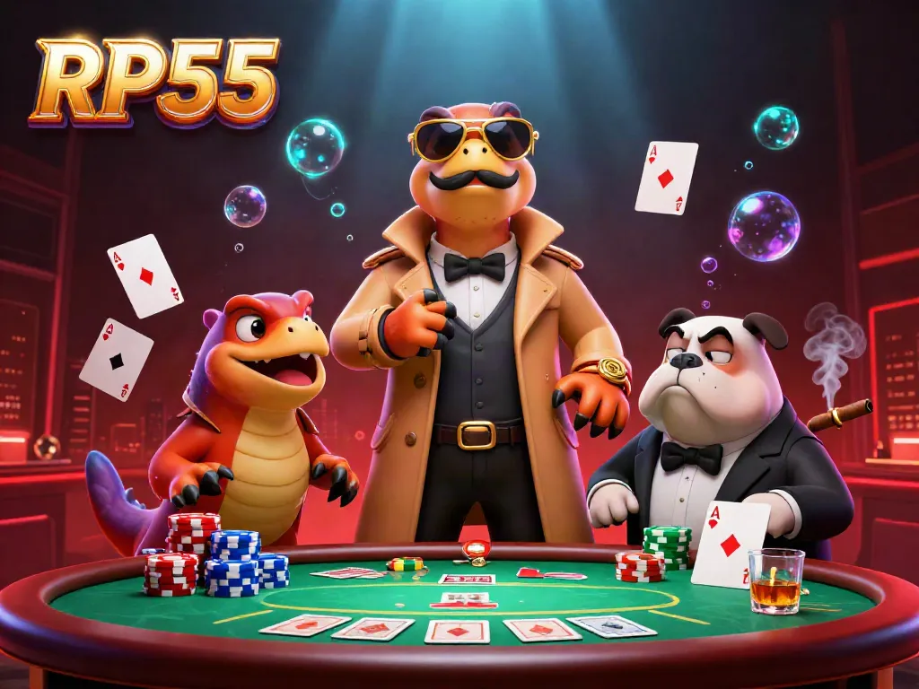 Players at RP55 enjoy thrilling poker action with 3D raptors in a casino scene.