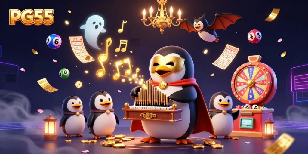Engaging PG55 casino scene with a penguin playing an organ and golden coins flowing in a vibrant atmosphere.