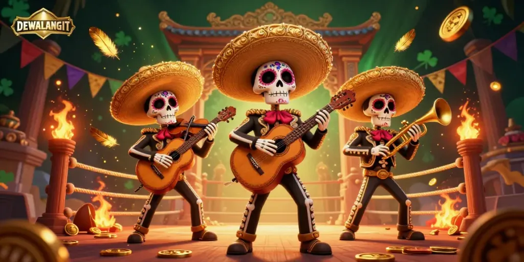 Permainan lotere DEWALANGIT yang dinamis dengan band mariachi kerangka, koin emas, dan efek api.