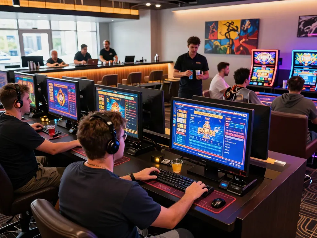 Engaging akunjp online gambling scene with players enjoying dynamic slot machines and poker tables.