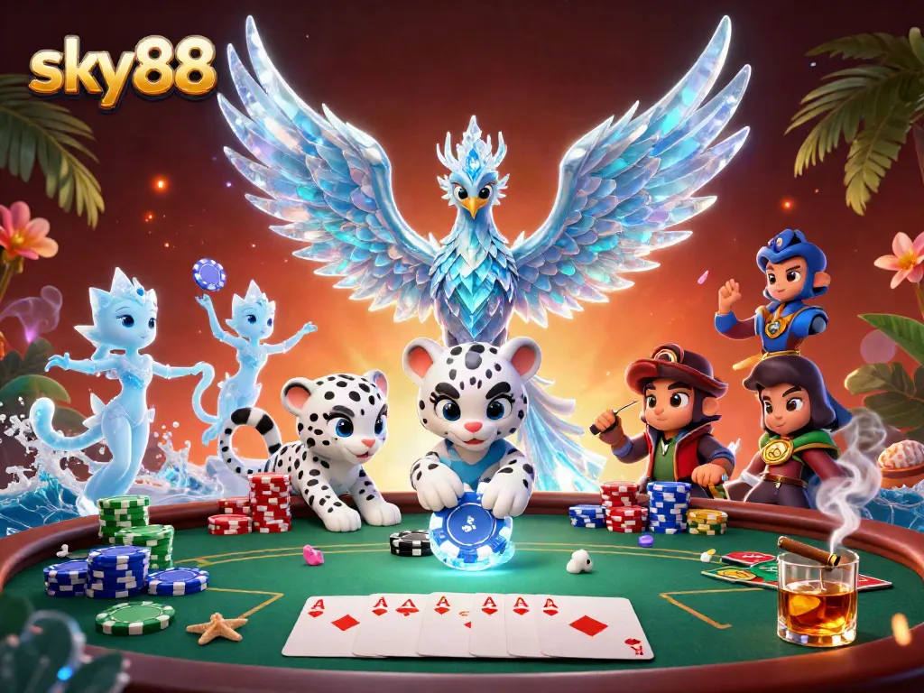 Engage with the thrilling gameplay at sky88 featuring an ice phoenix and poker elements enhancing the excitement.