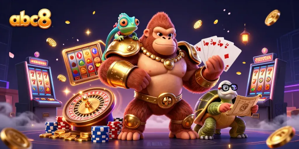Engaging scene featuring the abc8 gorilla king and gaming elements like slot reels and roulette.
