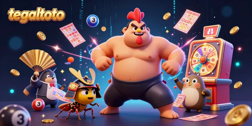 Tegaltoto hadir dengan ilustrasi menarik yang menunjukkan karakter taruhan lotere dalam aksi dinamis.