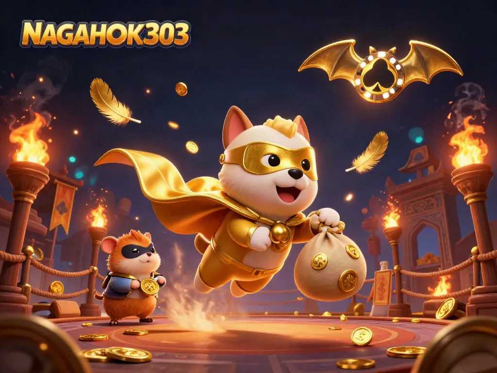 Permainan judi NAGAHOKI303 menyajikan karakter superdog terbang dengan koin emas.