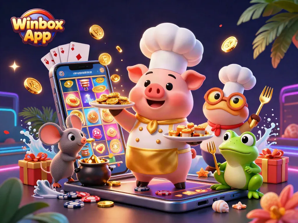 Experience the Winbox App as gold coins burst from a vibrant slot game, showcasing lively casino scenes.