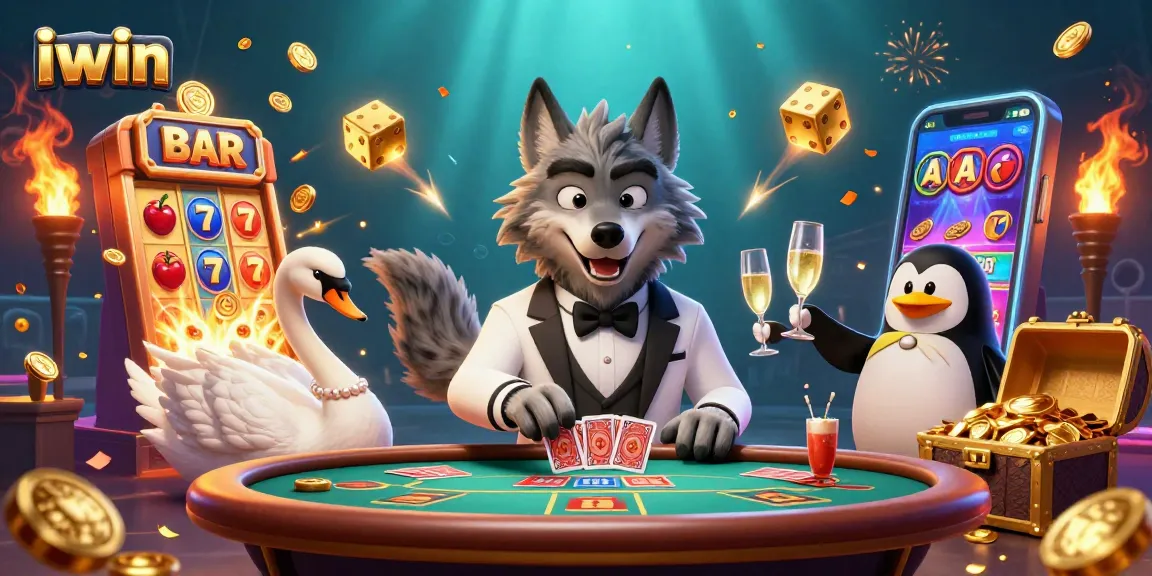 Spin to win with iwin at an extravagant casino party featuring a debonair wolf and elegant characters.
