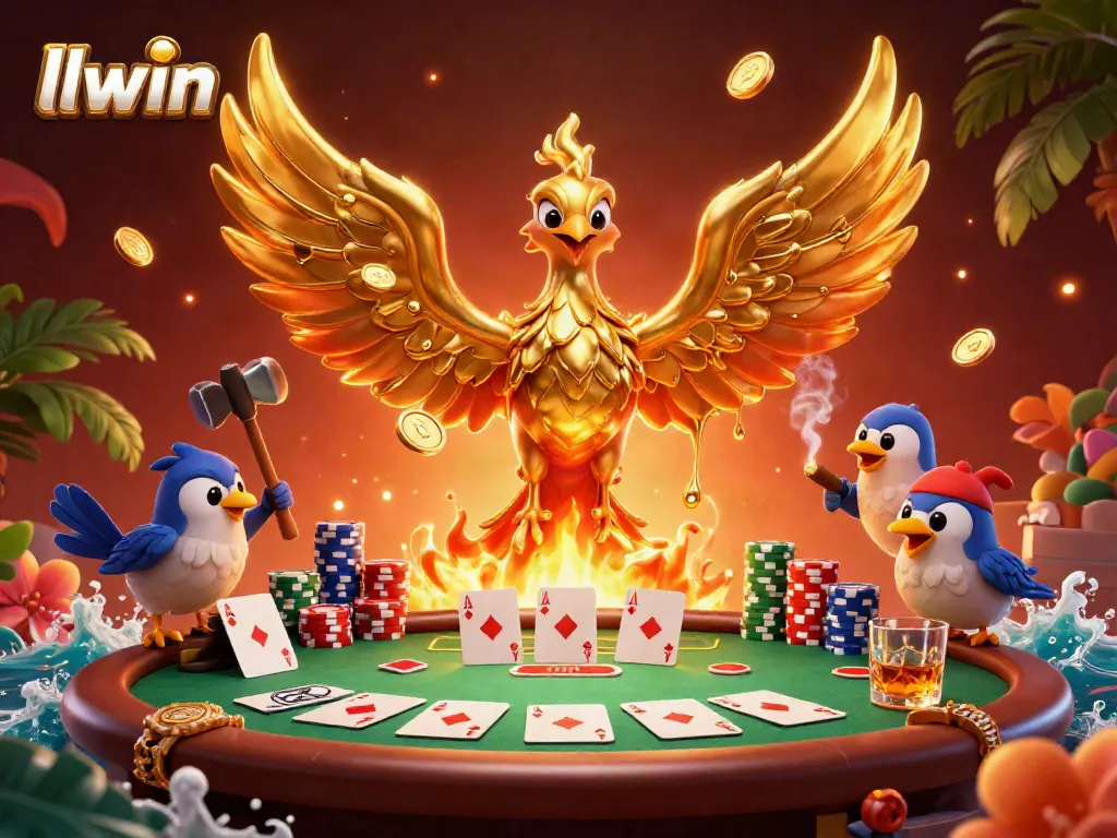 Experience the thrill of llwin as the golden phoenix emerges from the forge surrounded by poker elements.