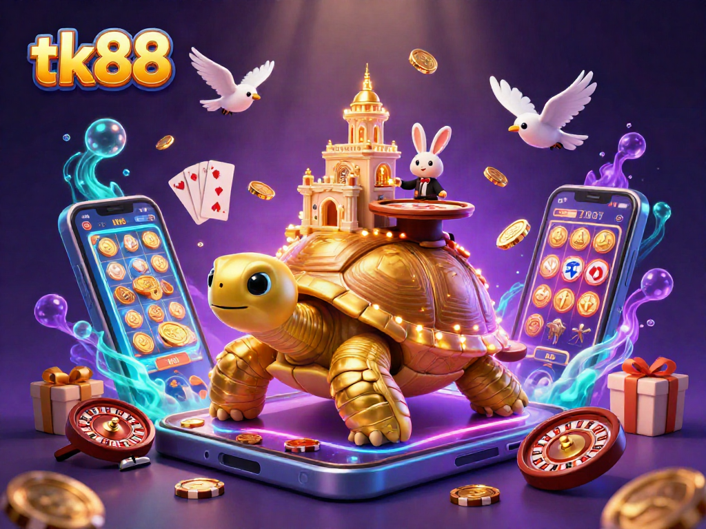 Experience thrilling gameplay with tk88 in a vibrant casino scene featuring a golden tortoise and more.