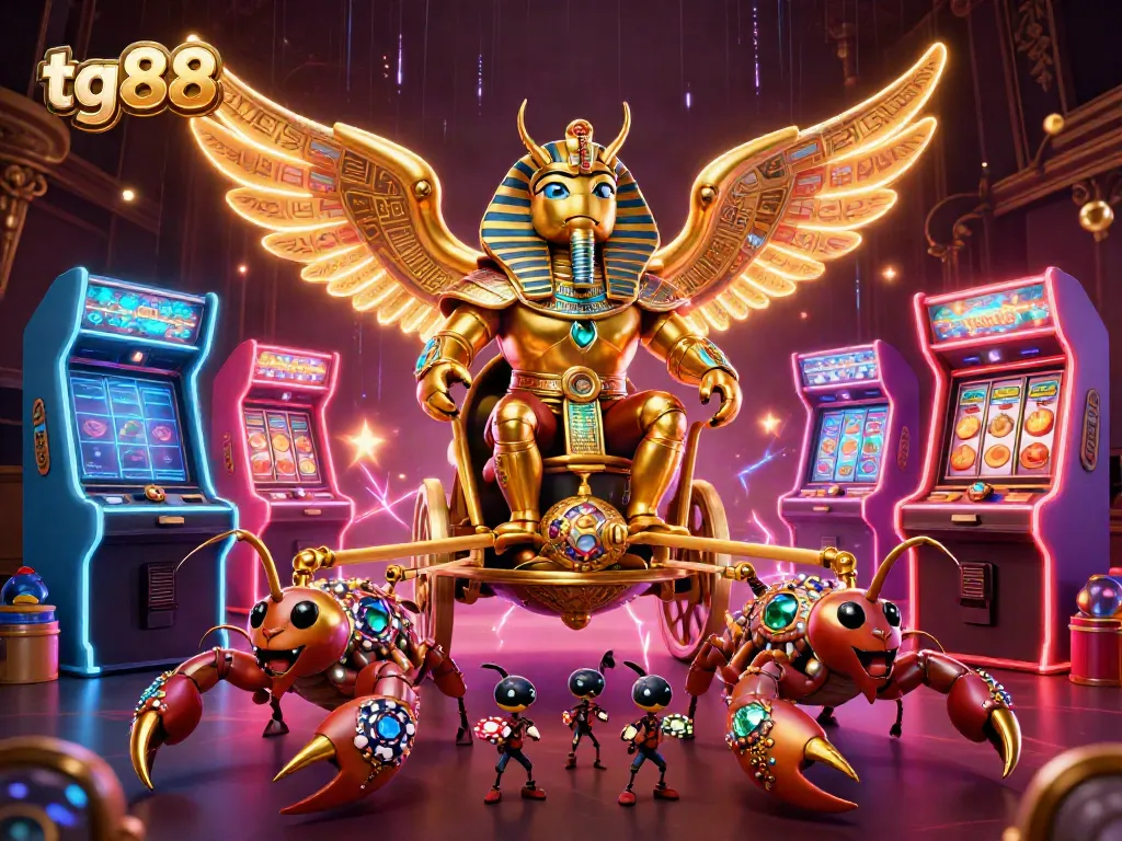 Engage in the vibrant casino world of tg88 with a dynamic illustration featuring a colossal scarab beetle, scorpions, and colorful gaming elements.