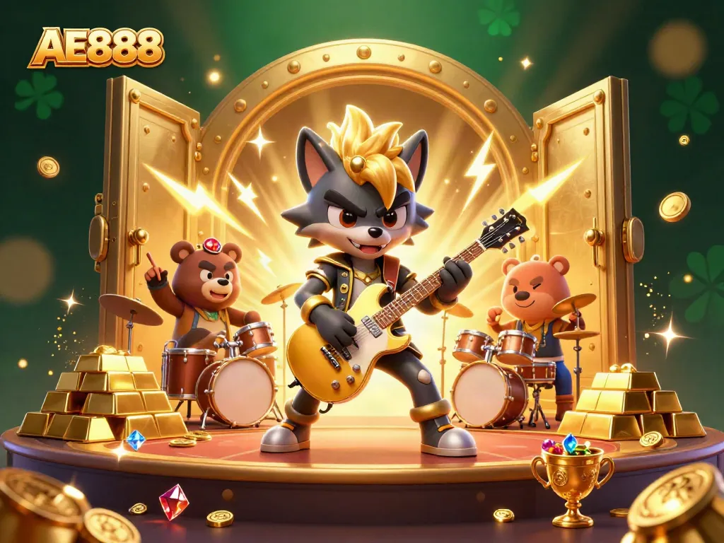 Experience the excitement of AE888 with a vibrant casino scene featuring a rock star wolf and treasures.