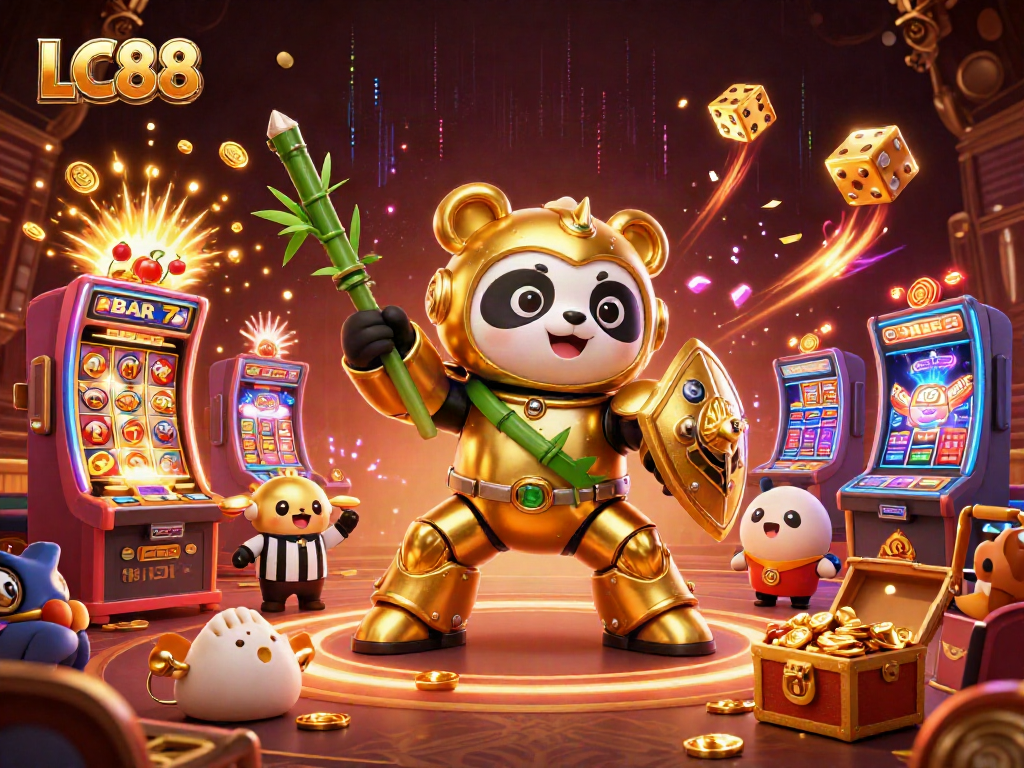 LC88 casino adventure featuring a vibrant panda in a mech-suit amidst upbeat slot machines and cheering animals.