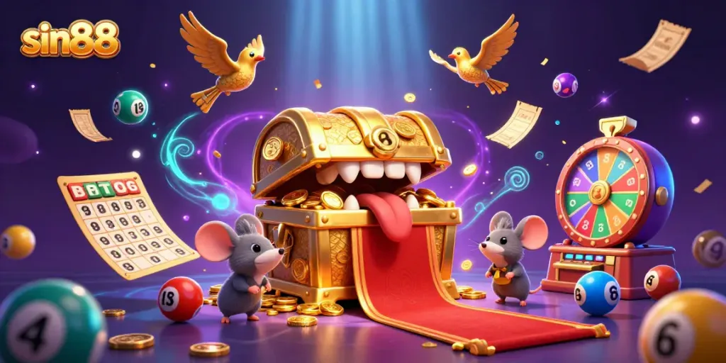 Engage with sin88's thrilling adventure featuring a treasure chest and vibrant gaming elements in a dynamic casino environment.