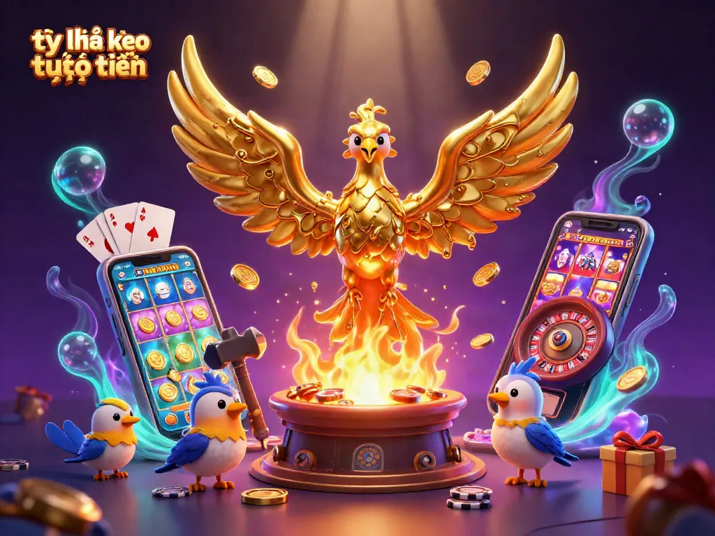 Engage with tỷ lệ kèo trực tuyến through a dynamic scene of a golden phoenix and gaming elements.