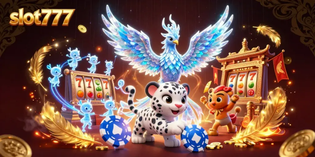 Mainkan slot777 dengan ilustrasi kartun 3D yang penuh warna dan elemen kasino menarik lainnya.