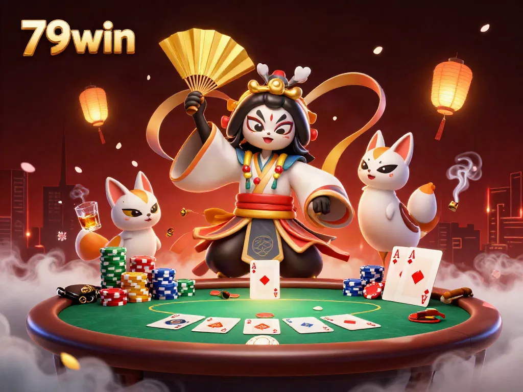 Engage with 79win's vibrant casino experience featuring lively characters, poker elements, and rich atmosphere.