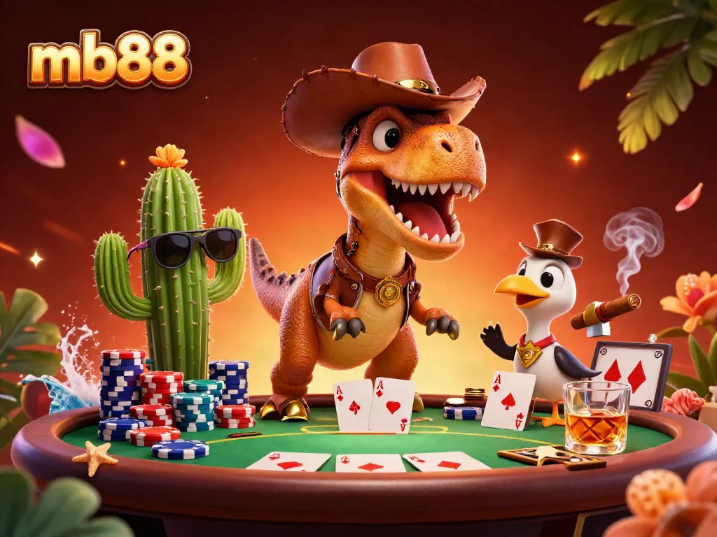 Engage with mb88's dynamic poker showdown featuring a vibrant T-Rex in a Western setting.