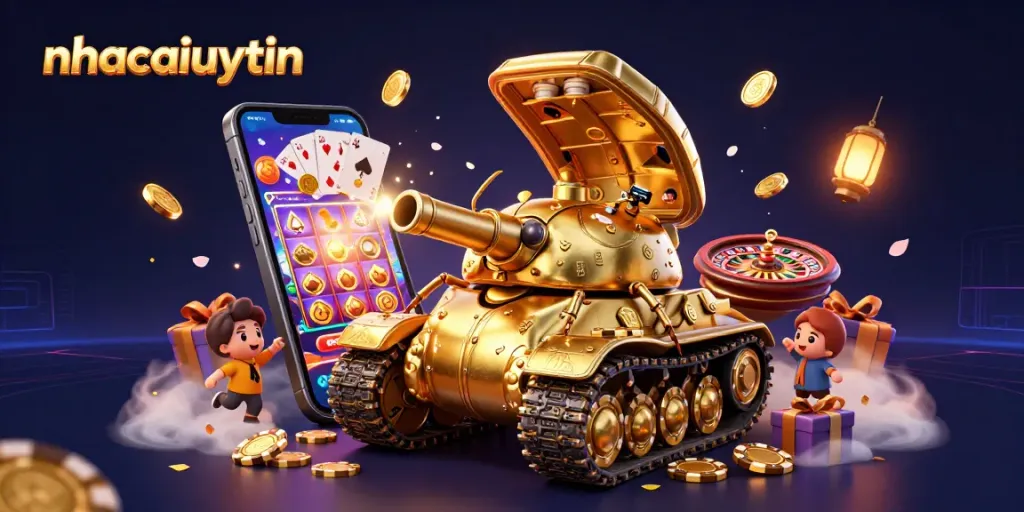 Engage with nhacaiuytin's vibrant casino illustration featuring a golden beetle tank and dynamic gaming elements.