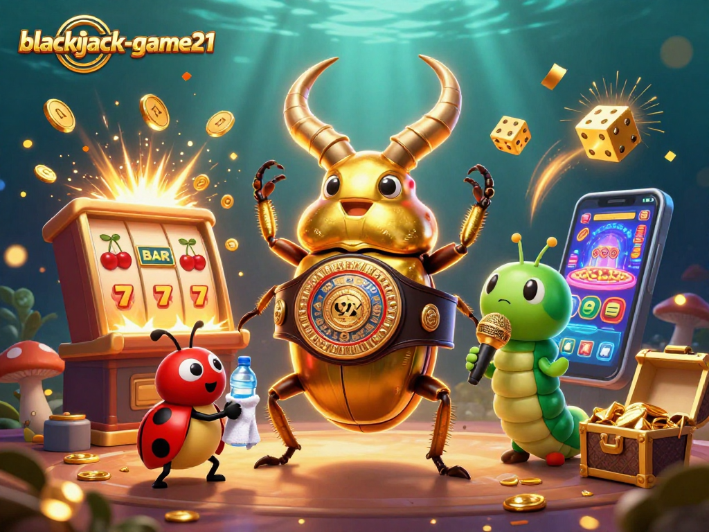 Experience the thrill of blackjack-game21 with a vibrant scene of a giant beetle champion among casino elements.