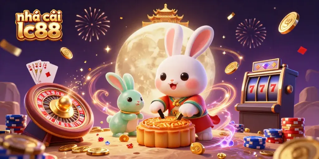 Engage with the thrilling world of nhà cái lc88 through a vibrant illustration featuring festive characters and casino elements.