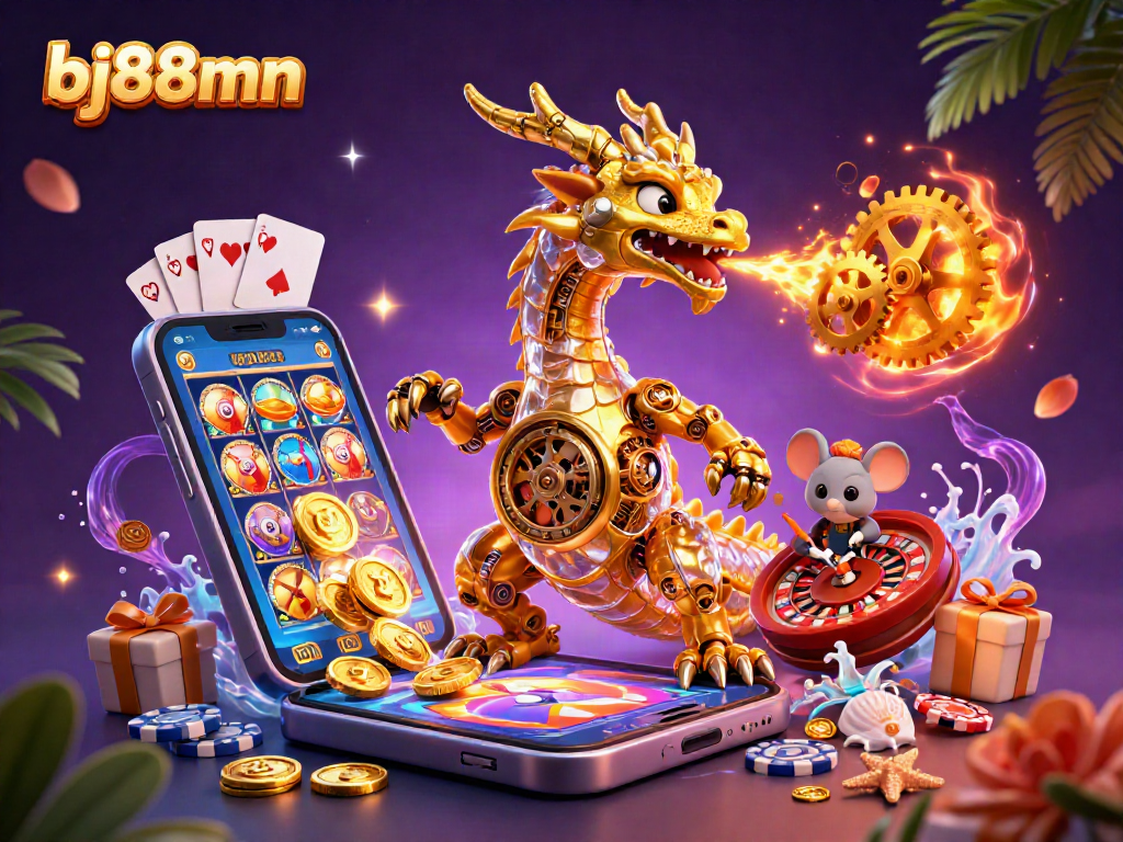 Engage with bj88mn's vibrant casino atmosphere through an immersive 3D dragon and gaming elements.
