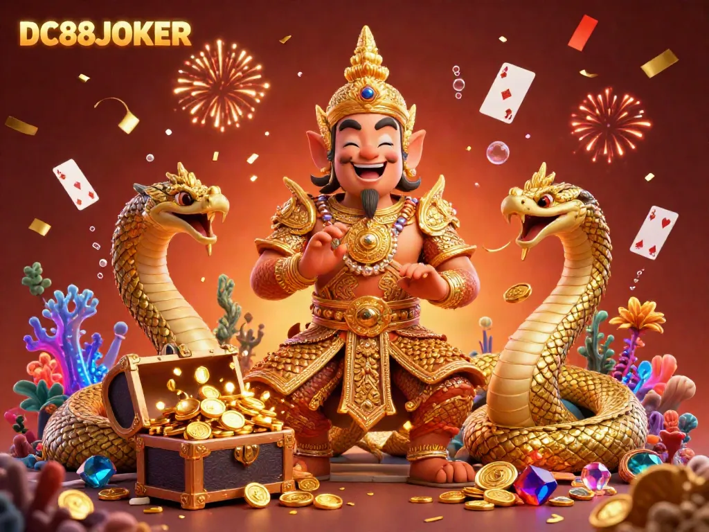Experience the enchanting guardian scene at DC88JOKER, adorned with treasures of gold coins and vibrant gems.