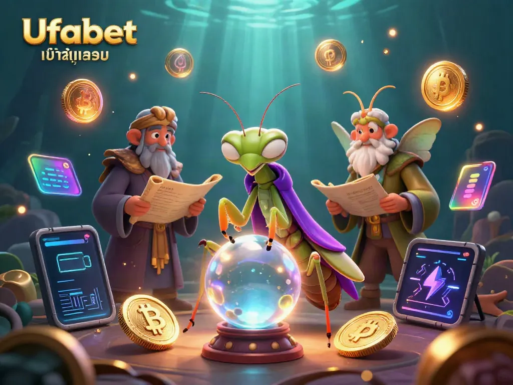 Experience Ufabet เข้าสู่ระบบ with a mystical fortune teller scene featuring vibrant characters and crypto elements.