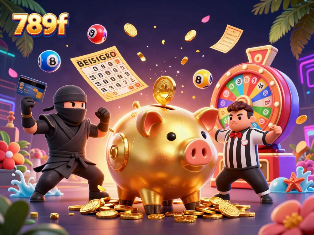 Engage with 789f's thrilling casino scene featuring a dynamic sumo wrestler piggy bank and colorful game elements.