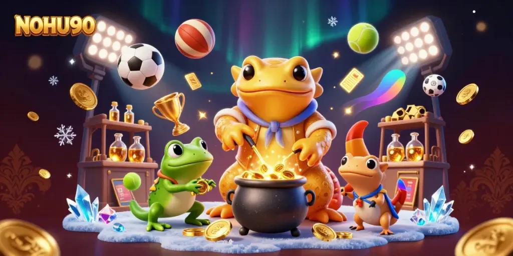 Engage with NOHU90 in a vibrant 3D world where alchemy turns metals into gold, surrounded by dynamic betting elements.