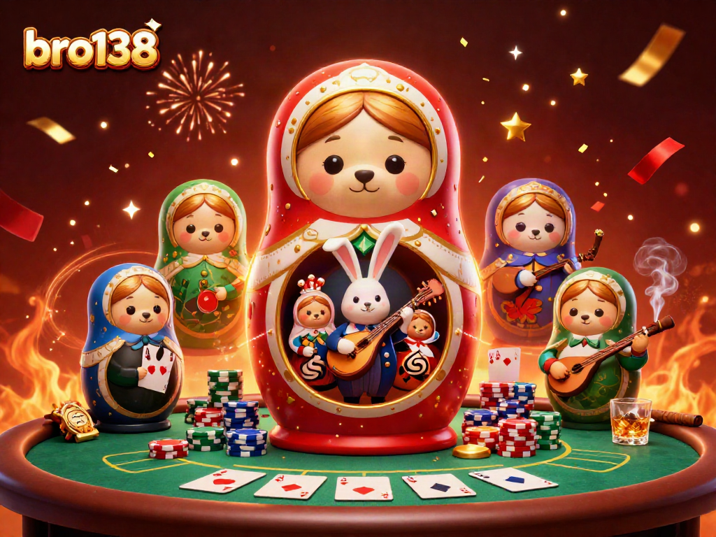 Experience the excitement of bro138 at a vibrant casino scene with Russian cultural elements.