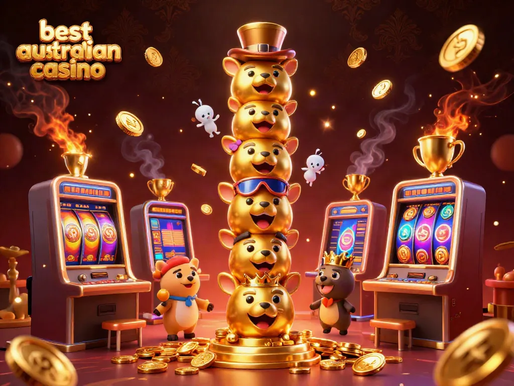 Exhilarating scene showcasing the best australian casino atmosphere with dynamic characters, vivid slot machines, and golden elements.
