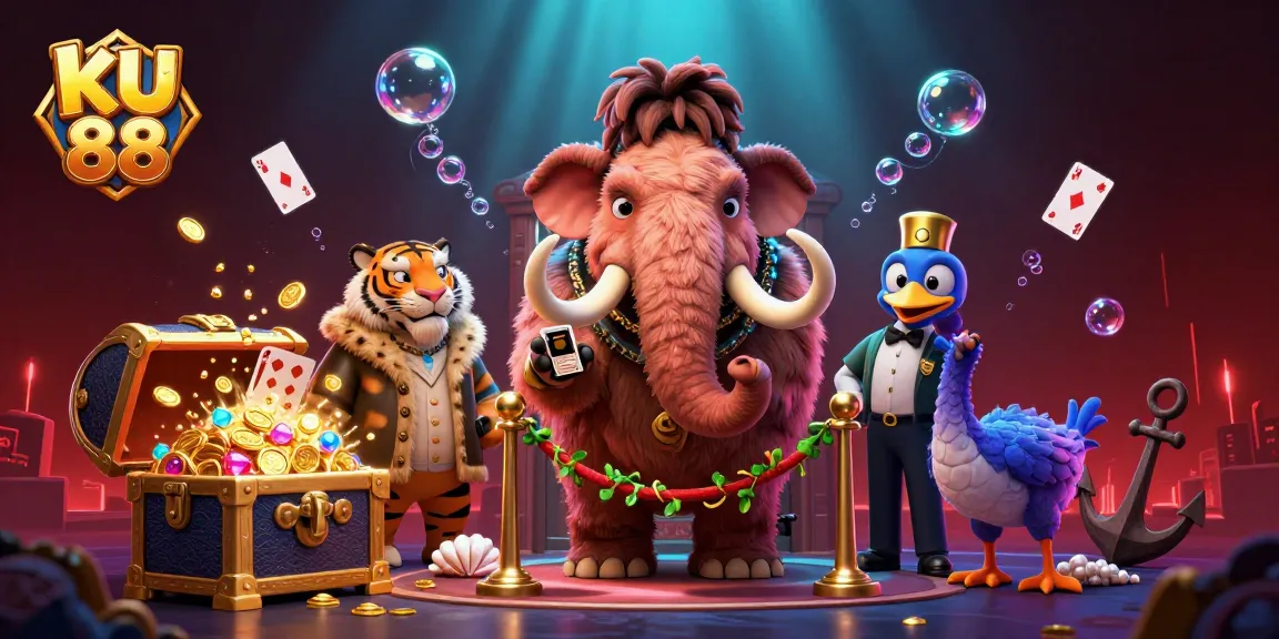 Bet big on KU 88 as colorful gems and coins burst in this vibrant 3D casino scene.