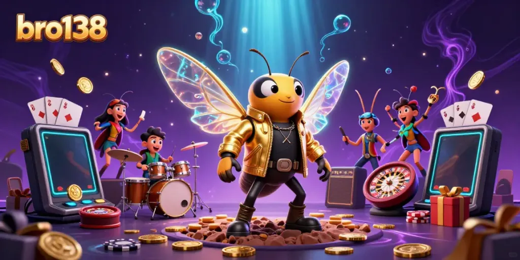 Experience the thrill of gaming with bro138 as a cicada rock star with vibrant casino elements.