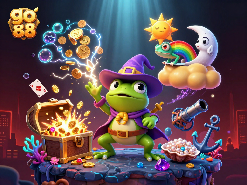 Engage with go 88’s dynamic world as characters surf on clouds of coins amidst thrilling casino elements.