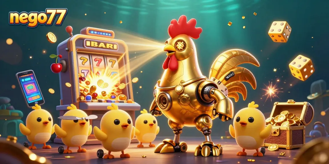 Experience the thrill of nego77 with the golden rooster robot amidst a vibrant casino scene, showcasing jackpots and games.