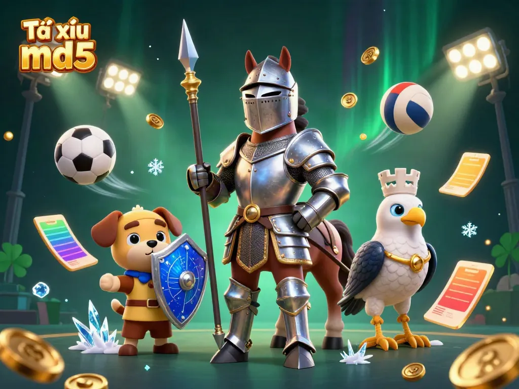 Tài xỉu md5 game action scene featuring a knight and puppy, surrounded by sports elements and dynamic visuals.
