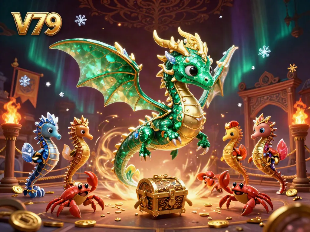 Experience the allure of V79 with an enchanting 3D illustration featuring a sea dragon and gaming elements.